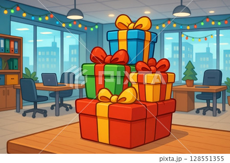 Corporate office gifts stacked on desk in brightly decorated office space with holiday string lights. concept of festive gift giving, holiday office decor, workplace celebration 128551355
