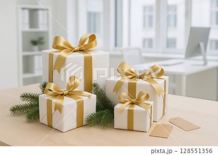 Christmas gifts with golden ribbons on office desk surrounded by pine branches. concept of holiday season, office celebration, festive decor 128551356