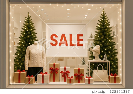 Christmas sale window display with festive decor including gifts, mannequins, and illuminated trees. concept of holiday shopping, retail promotion, christmas decorations 128551357