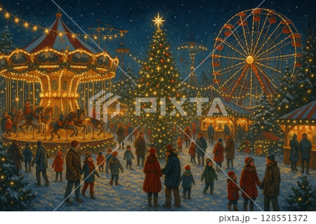 Christmas attraction at night in festive carnival with carousel and ferris wheel, winter celebration with snow, lights, and holiday spirit, concept of joyful festive gathering 128551372
