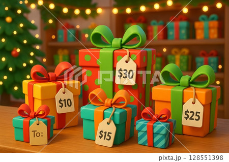 Christmas gifts with price tags in store featuring festive decorations and lights. concept of holiday shopping, gift giving, festive decor Christmas gifts with price tags in store featuring festive decorations and lights. concept of holiday shopping, gift giving, festive decor 128551398