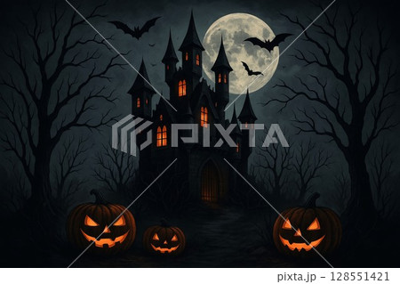 Eerie ghostly castle at night with full moon and pumpkins illustration for halloween. concept of haunted mansion, spooky scene, halloween celebration 128551421