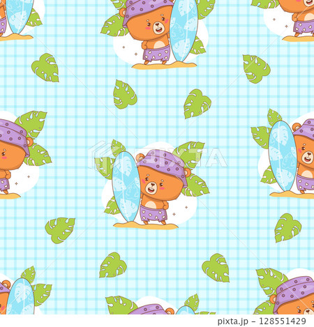 Seamless pattern with Cute bear beachgoer surfer on blue checkered background with tropical leaves. Funny summer Beach kawaii Animal character. Vector illustration. Kids collection 128551429