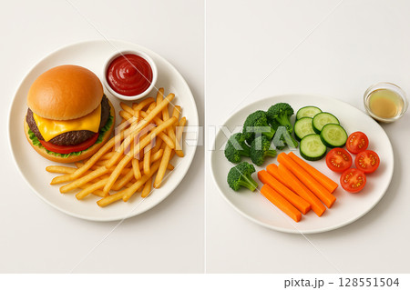 Fast food burger with fries and healthy vegetables on plates with sauce and drink. concept of contrast between junk food and nutrition, balanced eating, diverse meal choices 128551504