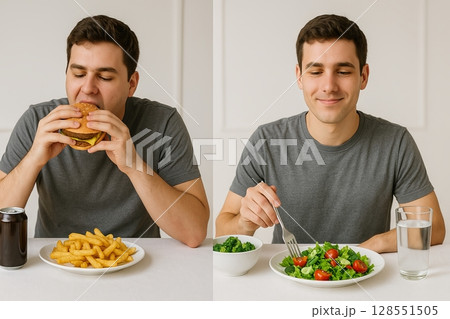 Before and after eating habits transformation of young man switching from fast food burger and fries to healthy salad with vegetables and water. nutrition change, healthy lifestyle, clean eating 128551505