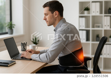 Man working at desk with heated lumbar support belt on lower back for posture and pain relief. Concept of office wellness, back therapy, ergonomic workplace, heat technology Man working at desk with heated lumbar support belt on lower back for posture and pain relief. Concept of office wellness, back therapy, ergonomic workplace, heat technology 128551506