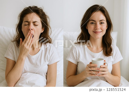 Sleepy woman yawning in bed and then smiling with morning coffee. Concept of morning routine, waking up, energy boost, before and after sleep Sleepy woman yawning in bed and then smiling with morning coffee. Concept of morning routine, waking up, energy boost, before and after sleep 128551524