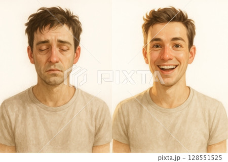 Portrait of young man before and after sleep depicting emotional transformation from tired to joyful. concept of rest, emotional change, happiness Portrait of young man before and after sleep depicting emotional transformation from tired to joyful. concept of rest, emotional change, happiness 128551525