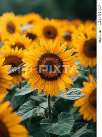 Vibrant yellow sunflower petals bloom under summer sun, captured in a macro view highlighting nature beauty, farming life, and seasonal growth 128551617
