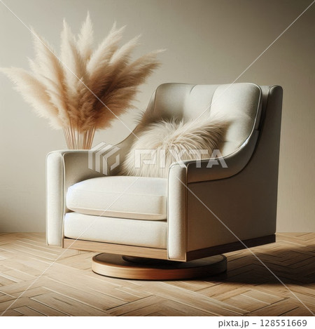 Off-white swivel armchair with wooden base near pampas grass decor, minimal interior scene with natural textures and cozy modern living style 128551669
