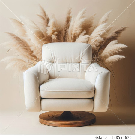 Off-white swivel armchair with a wooden base beside pampas grass decor. Ideal for interior design presentations and modern furniture catalogs. 128551670