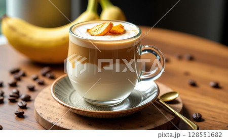Creamy banana coffee in a double-walled glass with marbled espresso layers, topped with banana chip on foam, cozy cafe scene with warm light and wooden background 128551682