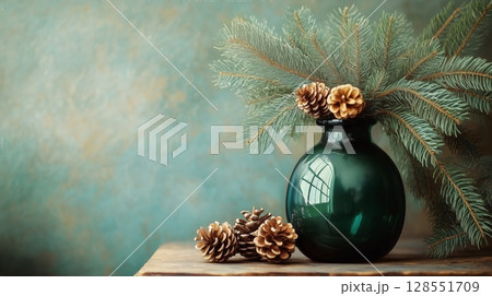 Elegant Green Vase With Pine Branches and Pinecones on a Wooden Table in Serene Indoor Setting 128551709