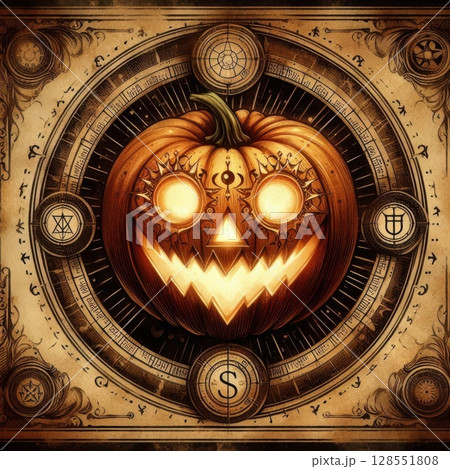 Spooky Halloween tarot-inspired pumpkin design with enchanted details, perfect for sublimation, wall art, or mystical-themed print products. 128551808