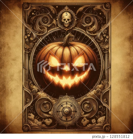 Spooky Halloween tarot-inspired pumpkin design with enchanted details, perfect for sublimation, wall art, or mystical-themed print products. 128551812