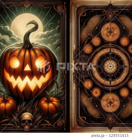 Spooky Halloween tarot-inspired pumpkin design with enchanted details, perfect for sublimation, wall art, or mystical-themed print products. 128551815