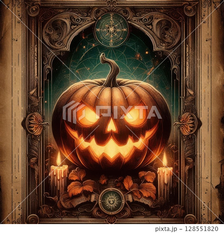 Magical pumpkin tarot card illustration with Victorian gothic frame, glowing elements, and steampunk harvest aesthetic for seasonal decor. 128551820