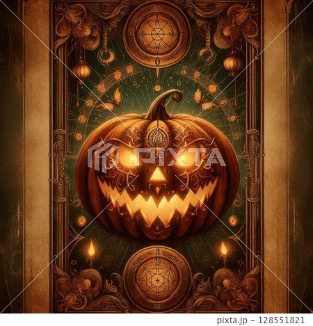 Magical pumpkin tarot card illustration with Victorian gothic frame, glowing elements, and steampunk harvest aesthetic for seasonal decor. 128551821