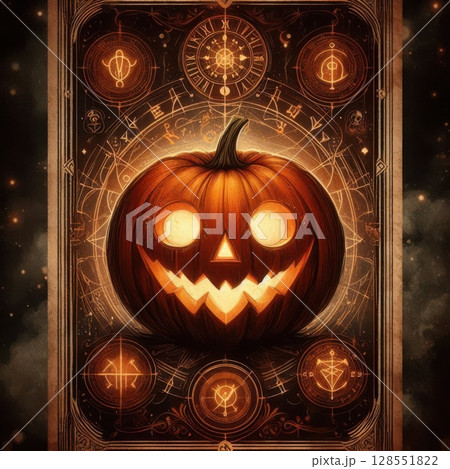 Magical pumpkin tarot card illustration with Victorian gothic frame, glowing elements, and steampunk harvest aesthetic for seasonal decor. Magical pumpkin tarot card illustration with Victorian gothic frame, glowing elements, and steampunk harvest aesthetic for seasonal decor. 128551822