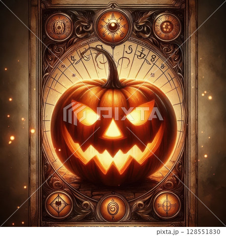 Tarot card style artwork of a grinning pumpkin with glowing eyes, mystical symbols, and gothic steampunk details on aged parchment background. 128551830
