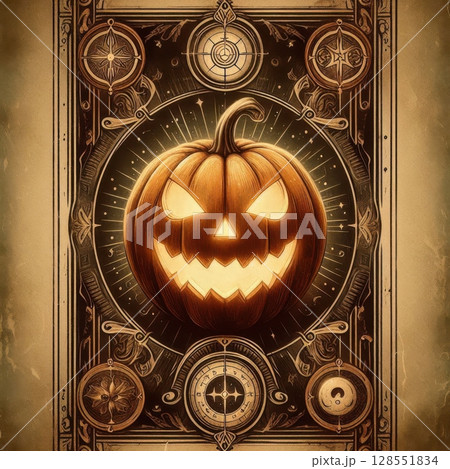 Tarot card style artwork of a grinning pumpkin with glowing eyes, mystical symbols, and gothic steampunk details on aged parchment background. 128551834