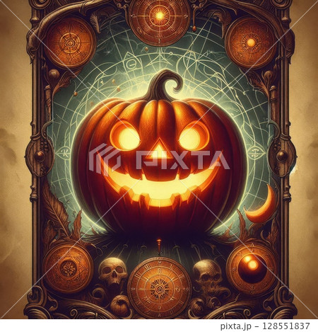 Tarot card style artwork of a grinning pumpkin with glowing eyes, mystical symbols, and gothic steampunk details on aged parchment background. 128551837