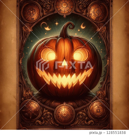 Tarot card style artwork of a grinning pumpkin with glowing eyes, mystical symbols, and gothic steampunk details on aged parchment background. 128551838