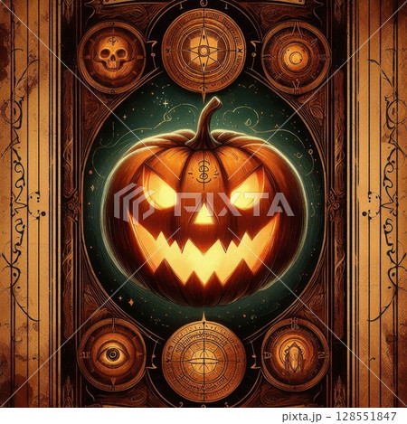 Tarot card style illustration of a grinning pumpkin with glowing eyes, gothic ornate frame, mystical symbols, aged parchment background, magical steampunk harvest vibes 128551847