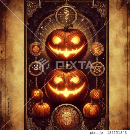 Tarot card style illustration of a grinning pumpkin with glowing eyes, gothic ornate frame, mystical symbols, aged parchment background, magical steampunk harvest vibes 128551848
