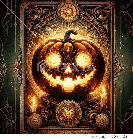 Tarot card style illustration of a grinning pumpkin with glowing eyes, gothic ornate frame, mystical symbols, aged parchment background, magical steampunk harvest vibes 128551850