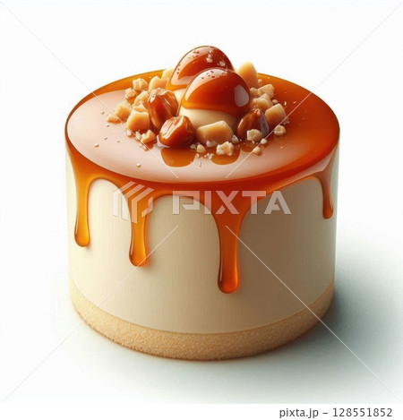 High-quality photo of creamy vanilla dessert with caramel glaze and nut topping. Perfect for food banners and packaging. 128551852