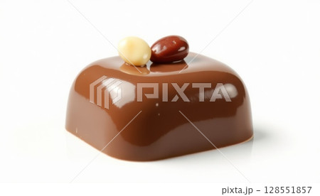 Glossy glazed chocolate mousse with refined nut topping, perfect for bakery menus or dessert packaging mockups. 128551857