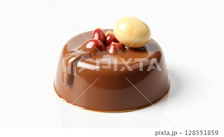 Milk chocolate dessert with glossy mirror glaze and refined nut garnish, isolated on white background, elegant gourmet sweet close-up 128551859