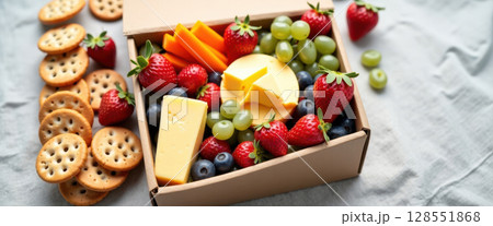 Healthy snack box flatlay with fresh fruit, cheese, and crackers on linen background 128551868