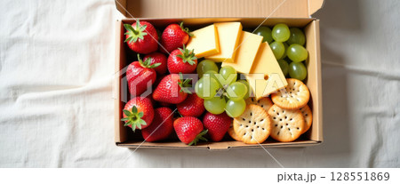 Healthy snack box flatlay with fresh fruit, cheese, and crackers on linen background 128551869
