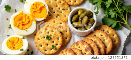 Savory snack flatlay with boiled egg, pickles, sourdough crackers, and fresh herbs on paper sheet 128551871