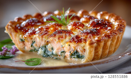 Savory salmon pie with a golden flaky crust and creamy lemon spinach filling, styled on a rustic plate with cozy, natural lighting. 128551886