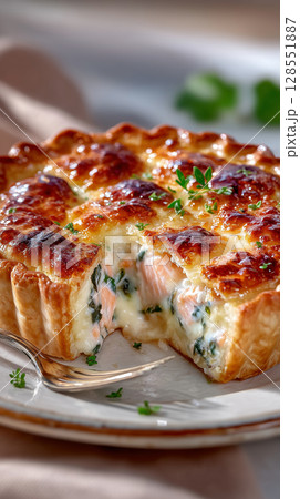 Savory salmon pie with flaky golden crust, spinach, and lemon cream filling, sliced open on rustic plate, homemade gourmet food styling, cozy natural light and earthy tones 128551887
