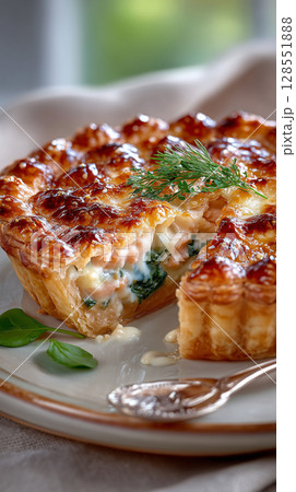 Savory salmon pie with flaky golden crust, spinach, and lemon cream filling, sliced open on rustic plate, homemade gourmet food styling, cozy natural light and earthy tones Savory salmon pie with flaky golden crust, spinach, and lemon cream filling, sliced open on rustic plate, homemade gourmet food styling, cozy natural light and earthy tones 128551888