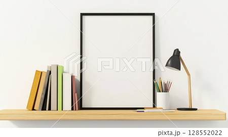 Minimalist interior design with wooden shelf, accessories, and white wall background, perfect for showcasing framed poster mockups. 128552022