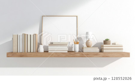 Wooden shelf with books, stationery, and lamp set against a white wall, with a poster frame mock-up ideal for modern home office decor. 128552026