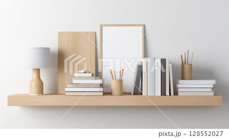 Wooden shelf with books, stationery, and lamp against a white wall, featuring a poster frame mock-up for modern home office interior design 128552027