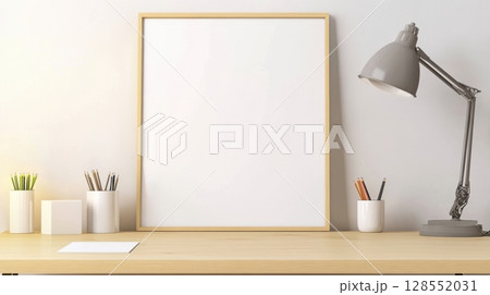 Interior mockup with a wooden shelf and lamp, styled for clean poster presentation. Natural light and soft tones create a calming workspace scene. 128552031