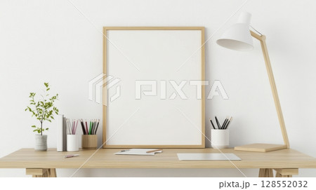 Interior mockup with a wooden shelf and lamp, styled for clean poster presentation. Natural light and soft tones create a calming workspace scene. 128552032