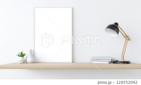 Modern interior shelf scene with desk lamp and book against a white wall, perfect as a poster or artwork mockup. 128552042
