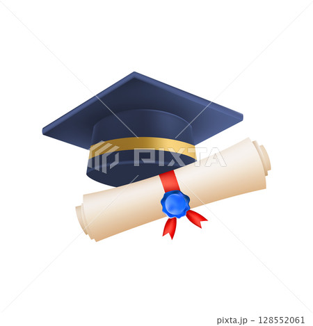 3d diploma scroll with graduate hat. Vintage roll paper 3d diploma scroll with graduate hat. Vintage roll paper 128552061