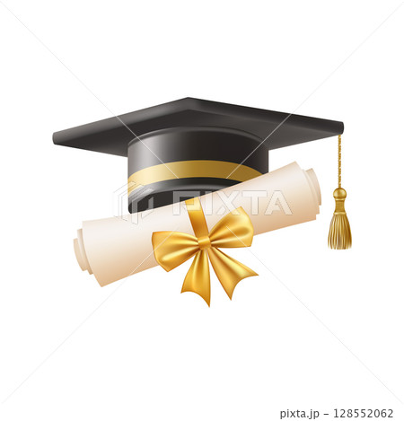 3d diploma scroll with graduate hat. Vintage roll paper 3d diploma scroll with graduate hat. Vintage roll paper 128552062