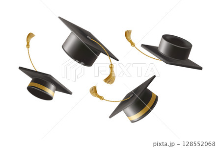 Graduates celebration. 3D Flying black graduate hat Graduates celebration. 3D Flying black graduate hat 128552068