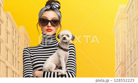 Stylish woman in striped sweater holding a poodle in front of NYC skyline, digital art with bold yellow background and fashion-forward minimalism. Stylish woman in striped sweater holding a poodle in front of NYC skyline, digital art with bold yellow background and fashion-forward minimalism. 128552225