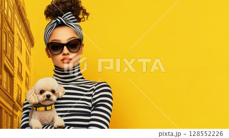 Stylish woman in striped sweater holding a poodle in front of NYC skyline, digital art with bold yellow background and fashion-forward minimalism. Stylish woman in striped sweater holding a poodle in front of NYC skyline, digital art with bold yellow background and fashion-forward minimalism. 128552226